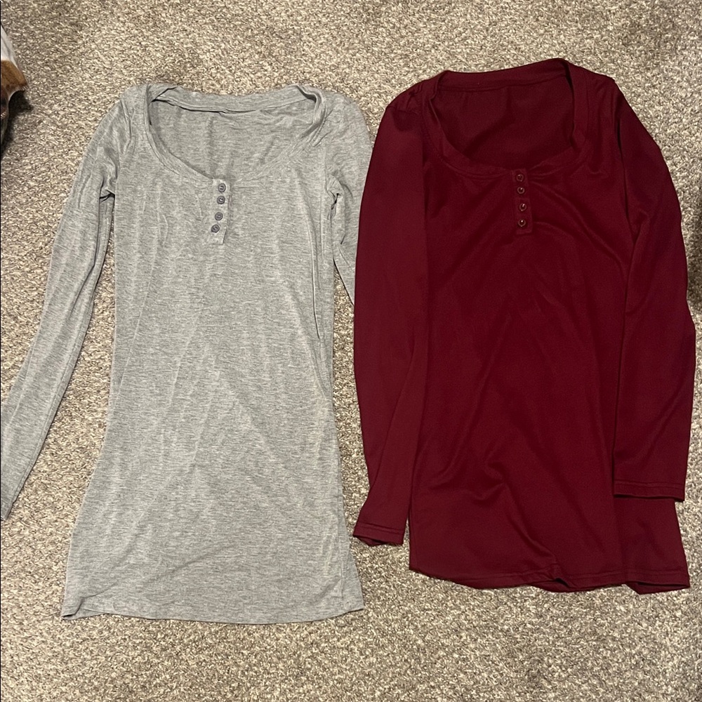 Gray and Burgundy Long Sleeve Tops